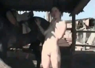 Zoophile is posing naked with a pony