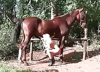 Long legged blond drills with a horse
