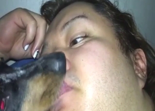 Making out with dog makes this fat zoophile horny