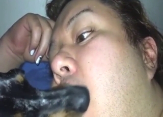Making out with dog makes this fat zoophile horny